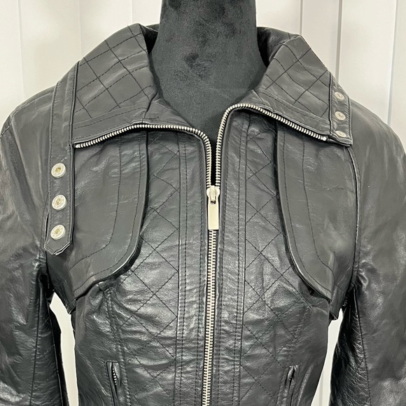 BLANC NOIR Quilted Leather Moto Jacket Belted Zip Up Lined Buckles Black Size S - Picture 6 of 9